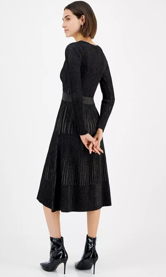 T Tahari Women's Metallic Ribbed Surplice Fit Flare Dress Large Black