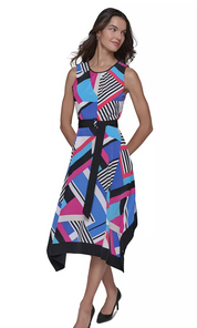 KARL LAGERFELD PARIS Women's Asymmetric Printed Midi Dress 6 Multicolor