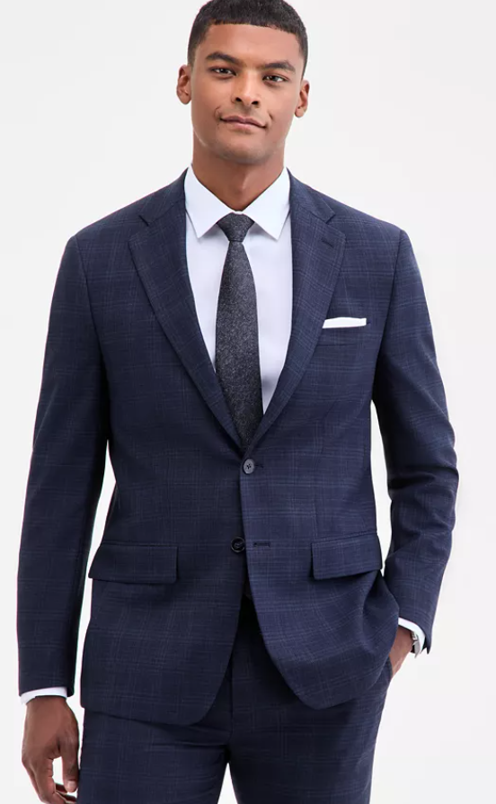 Calvin Klein Mens Slim fit Suit Jacket Blazer 48 R Navy Blue Plaid Stretch