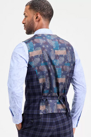 Tayion Collection Mens Classic fit Suit Vest Vest Large Blue Plaid Stretch