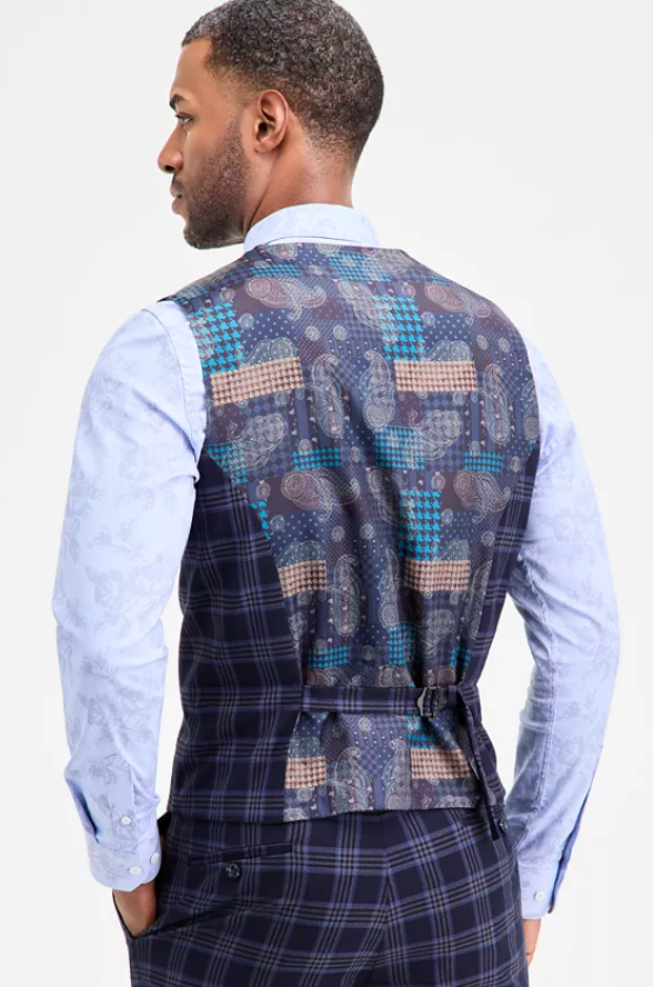 Tayion Collection Mens Classic fit Suit Vest Vest Large Blue Plaid Stretch