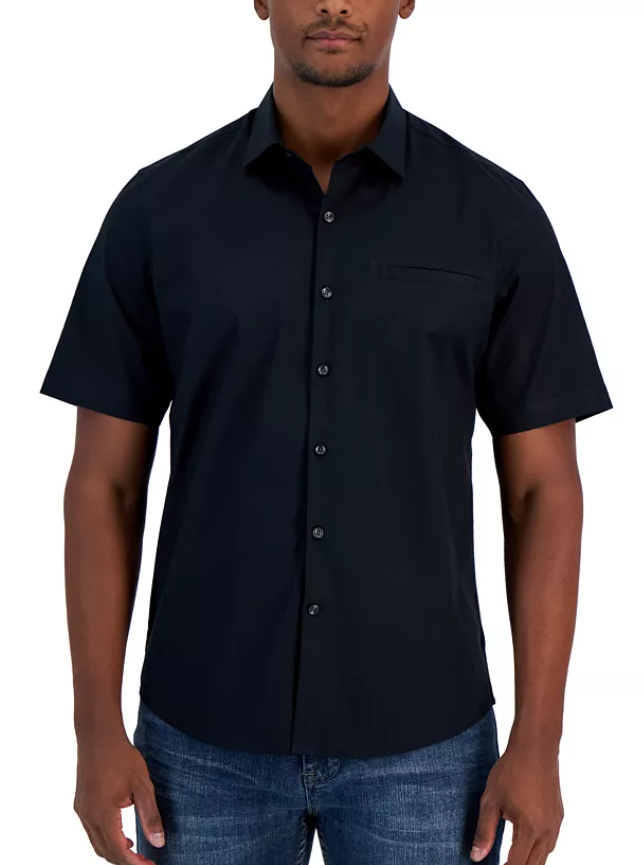 Alfani Mens Regular fit Short Sleeve Button-Up Shirt XXL Black Solid