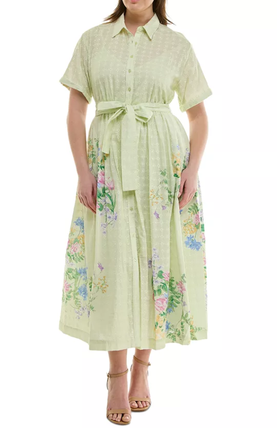 Taylor Women's Eyelet-Embroidered Belted Cotton Shirt Dress 20W Light Green