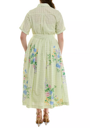 Taylor Women's Eyelet-Embroidered Belted Cotton Shirt Dress 20W Light Green