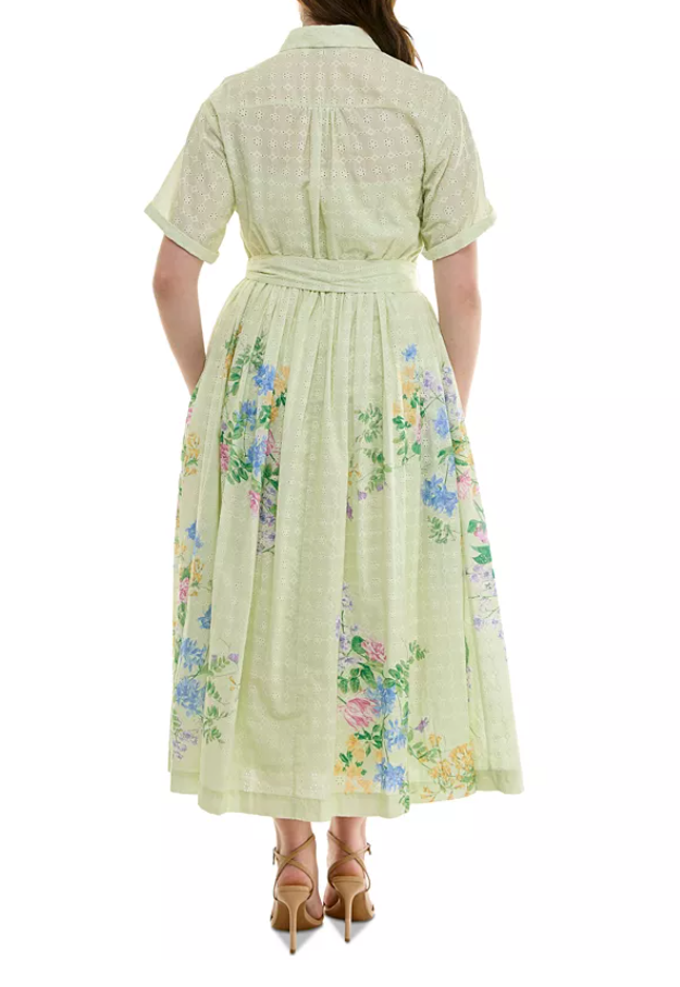 Taylor Women's Eyelet-Embroidered Belted Cotton Shirt Dress 20W Light Green