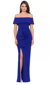 XSCAPE Womens Classic Fit Off The Shoulder Gown 16 Navy Blue