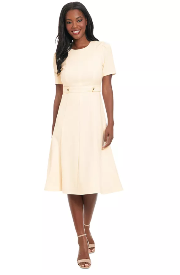 London Times Women's Scuba Side-Tab Midi Dress 12 Beige