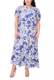 MSK Plus Size Puff-Sleeve Button-Front Lawn Maxi Dress 1XL Blue White