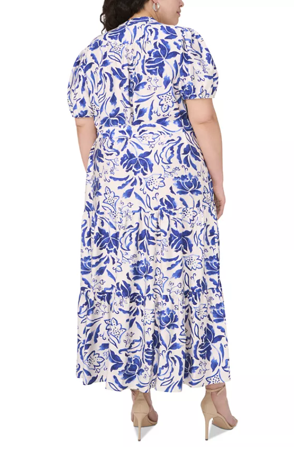 MSK Plus Size Puff-Sleeve Button-Front Lawn Maxi Dress 1XL Blue White