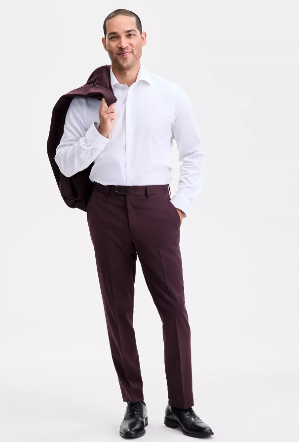 Bar III Mens Slim fit Dress Pants 34 / 30 Burgundy Red Solid
