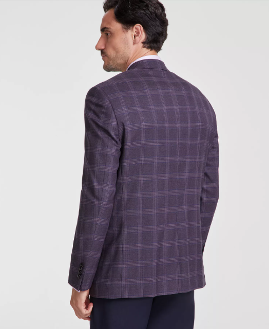 Michael Kors Mens Classic fit Sport Coat Blazer 46 R Burgundy Red Plaid Stretch