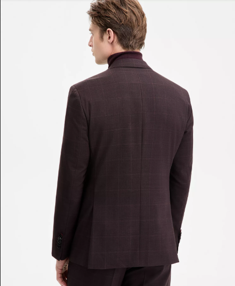 Hugo Mens Modern fit Suit Jacket Blazer 40 R Burgundy Red Plaid Stretch