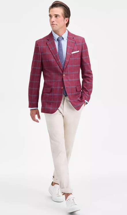 Nautica Mens Modern fit Sport Coat Blazer 36 R Burgundy Red Plaid
