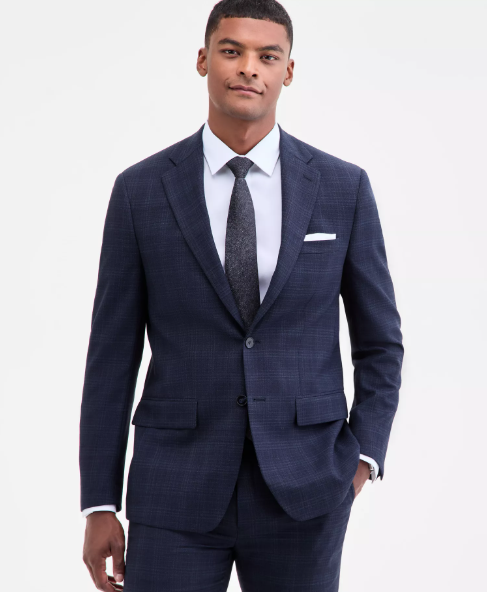 Calvin Klein Mens Slim fit Suit Jacket Blazer 42 R Navy Blue Plaid Stretch Wool