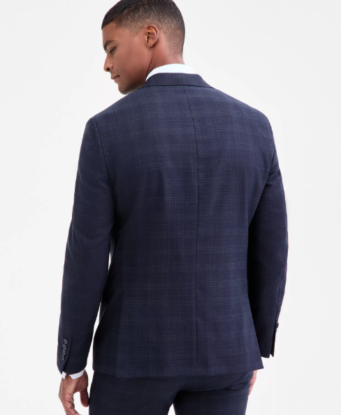 Calvin Klein Mens Slim fit Suit Jacket Blazer 42 R Navy Blue Plaid Stretch Wool