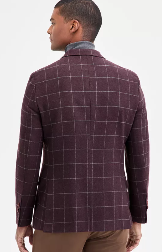 Nautica Mens Modern fit Sport Coat Blazer 46 R Burgundy Red Check Stretch