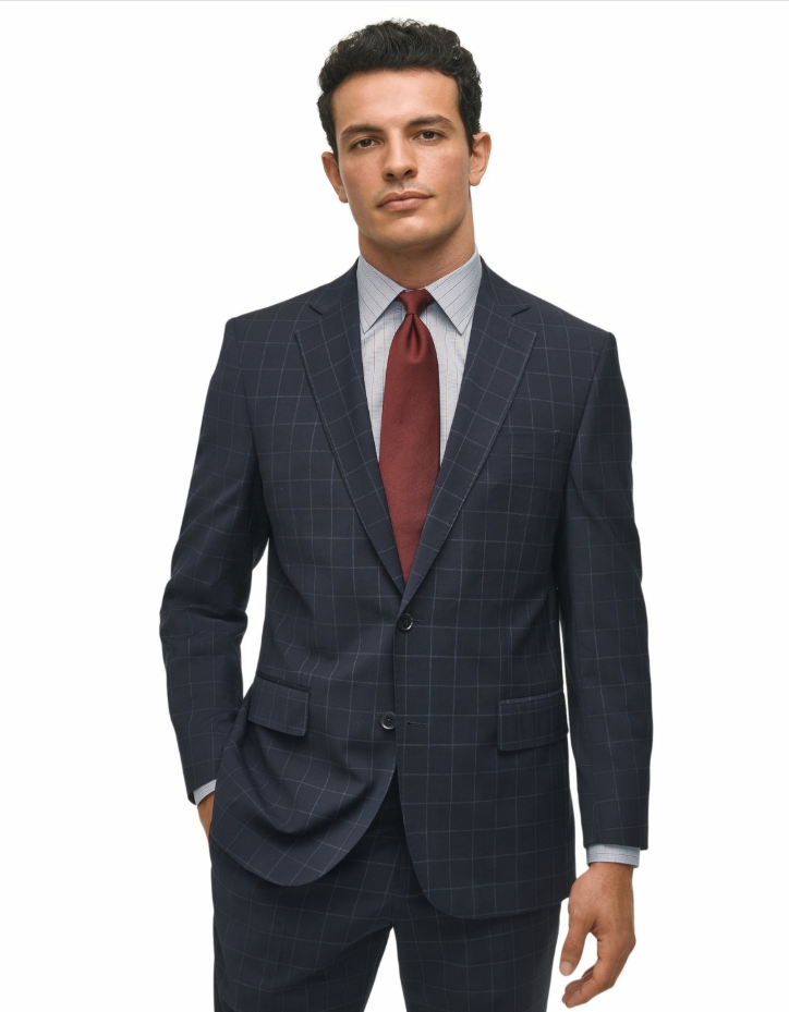 Brooks Brothers Mens Classic fit Suit Jacket Blazer 46 L Dark Blue Check Stretch