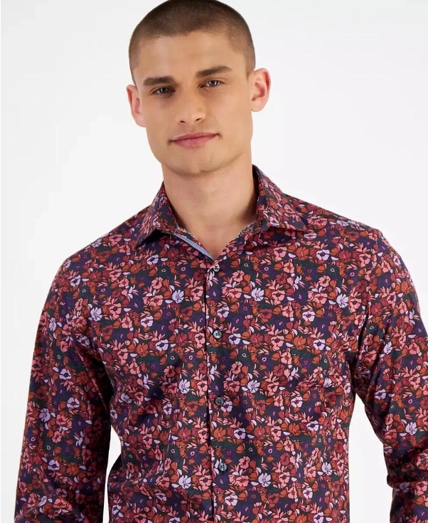 Bar III Mens Slim fit Dress Shirt Small 14-14.5 Long Sleeve Multicolor Floral