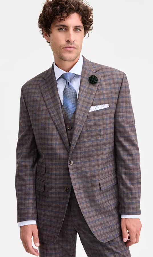 Tayion Mens Classic fit Suit Jacket Blazer 46 L Beige Plaid Stretch