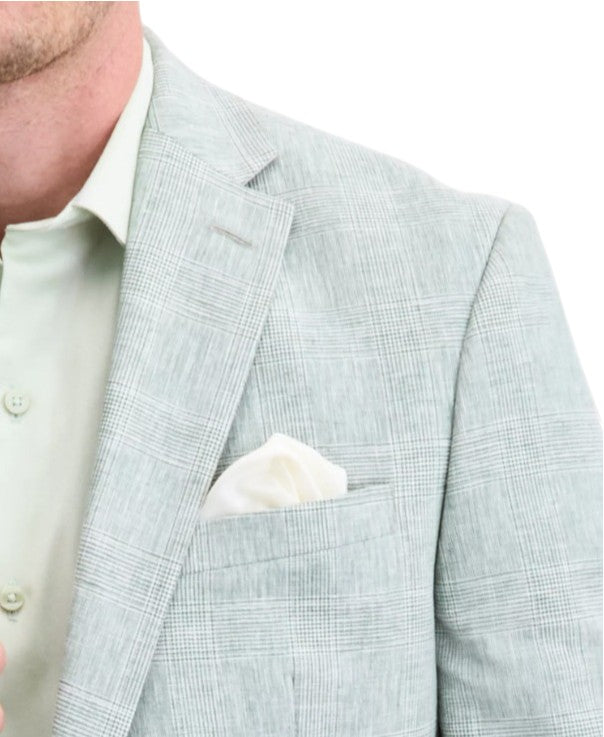 Bar Iii Mens Slim fit Linen Cotton Suit Jacket Blazer 42 R Green Plaid