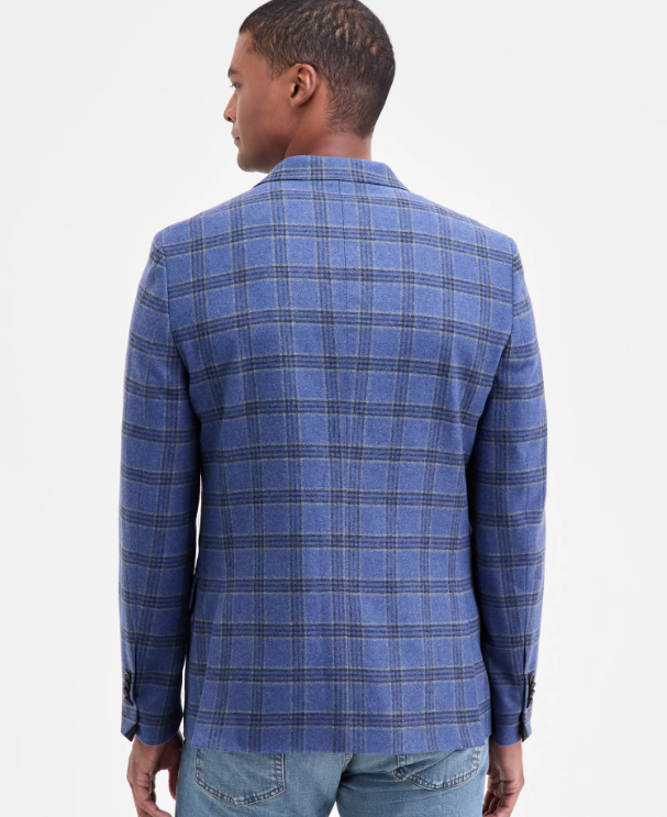 Nautica Mens Modern fit Suit Jacket Blazer 42 R Navy Blue Plaid Stretch