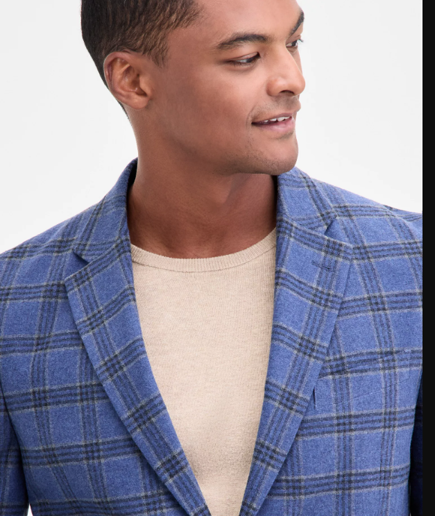 Nautica Mens Modern fit Suit Jacket Blazer 42 R Navy Blue Plaid Stretch