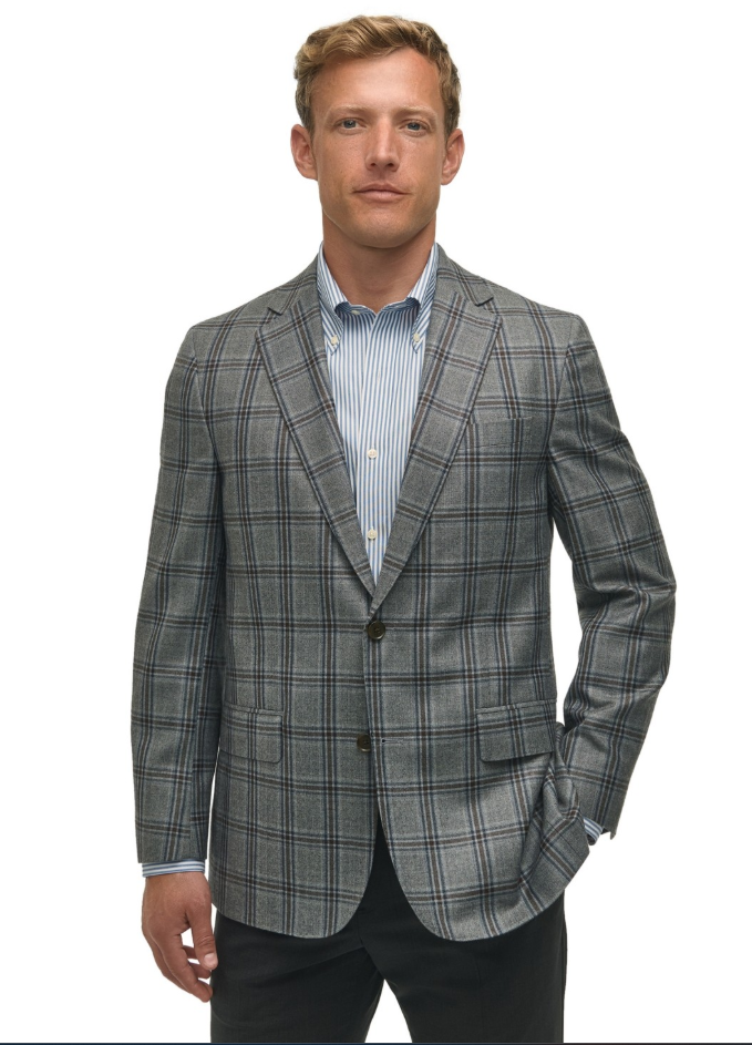 Brooks Brothers Mens Classic fit Sport Coat Blazer 54 R Blue Grey Plaid Stretch