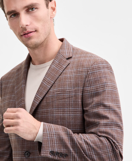 Kenneth Cole Reaction Mens Slim fit Sport Coat Blazer 38 S Brown Plaid Stretch