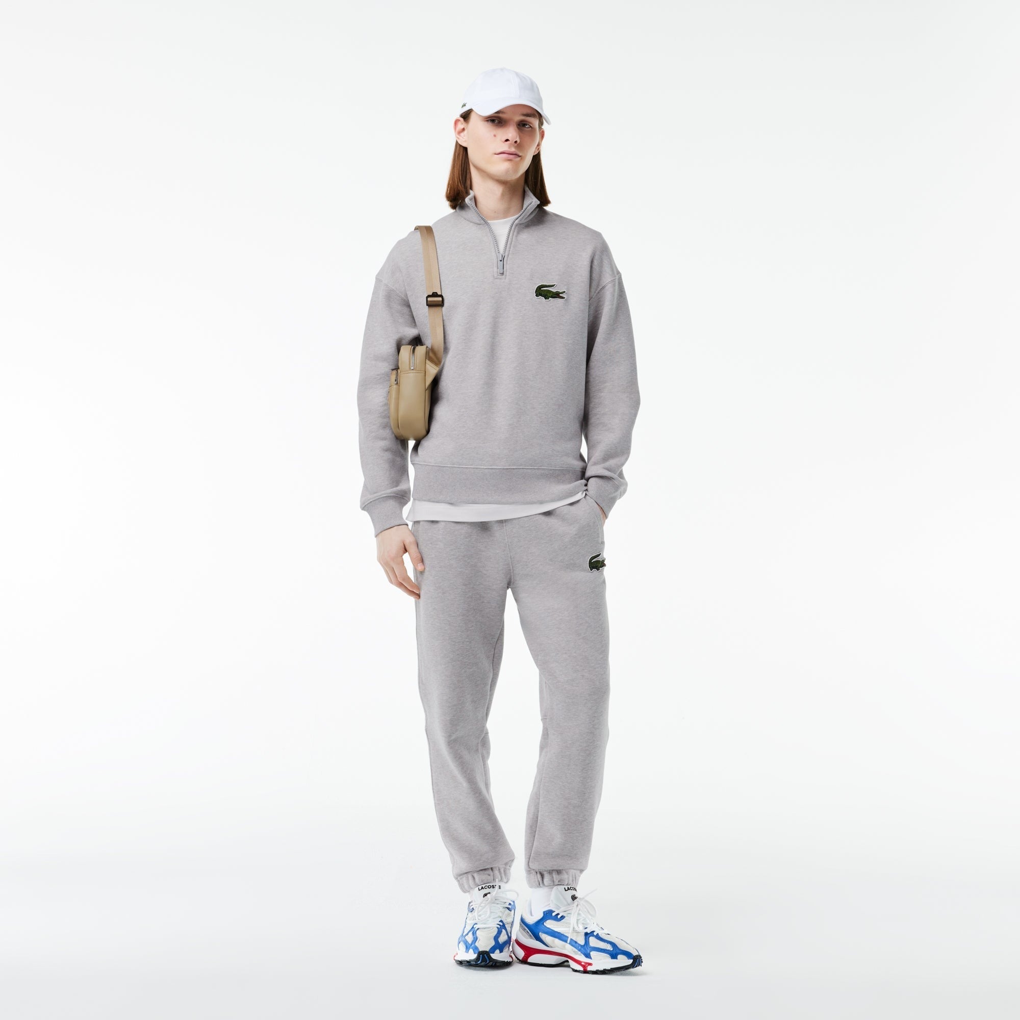 Lacoste Mens Cotton Quarter Zip Logo Sweatshirt Grey Silver Medium