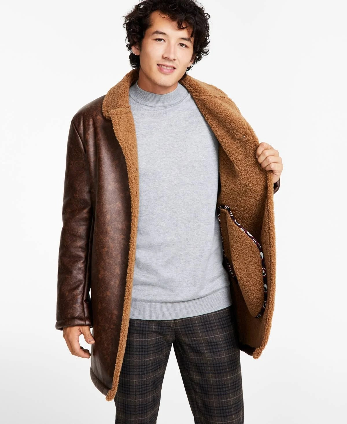 Ben Sherman Men's Shearling Classic Fit Overcoat Coat 42R Brown Camel