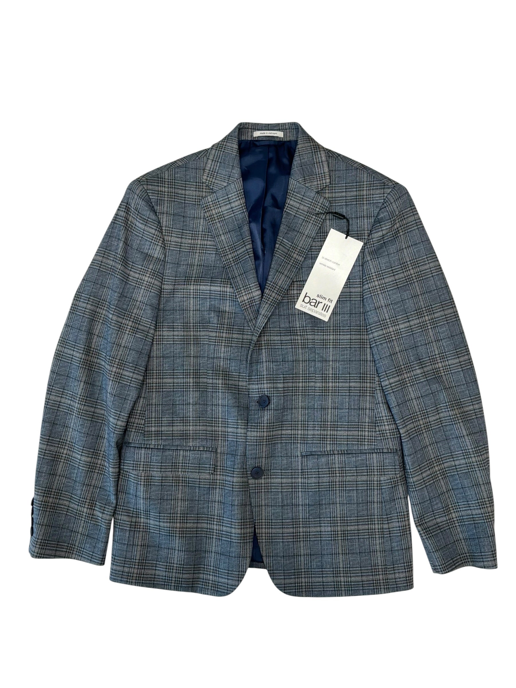 Bar III Mens Slim fit Sport Coat Blazer 36 S Blue Plaid