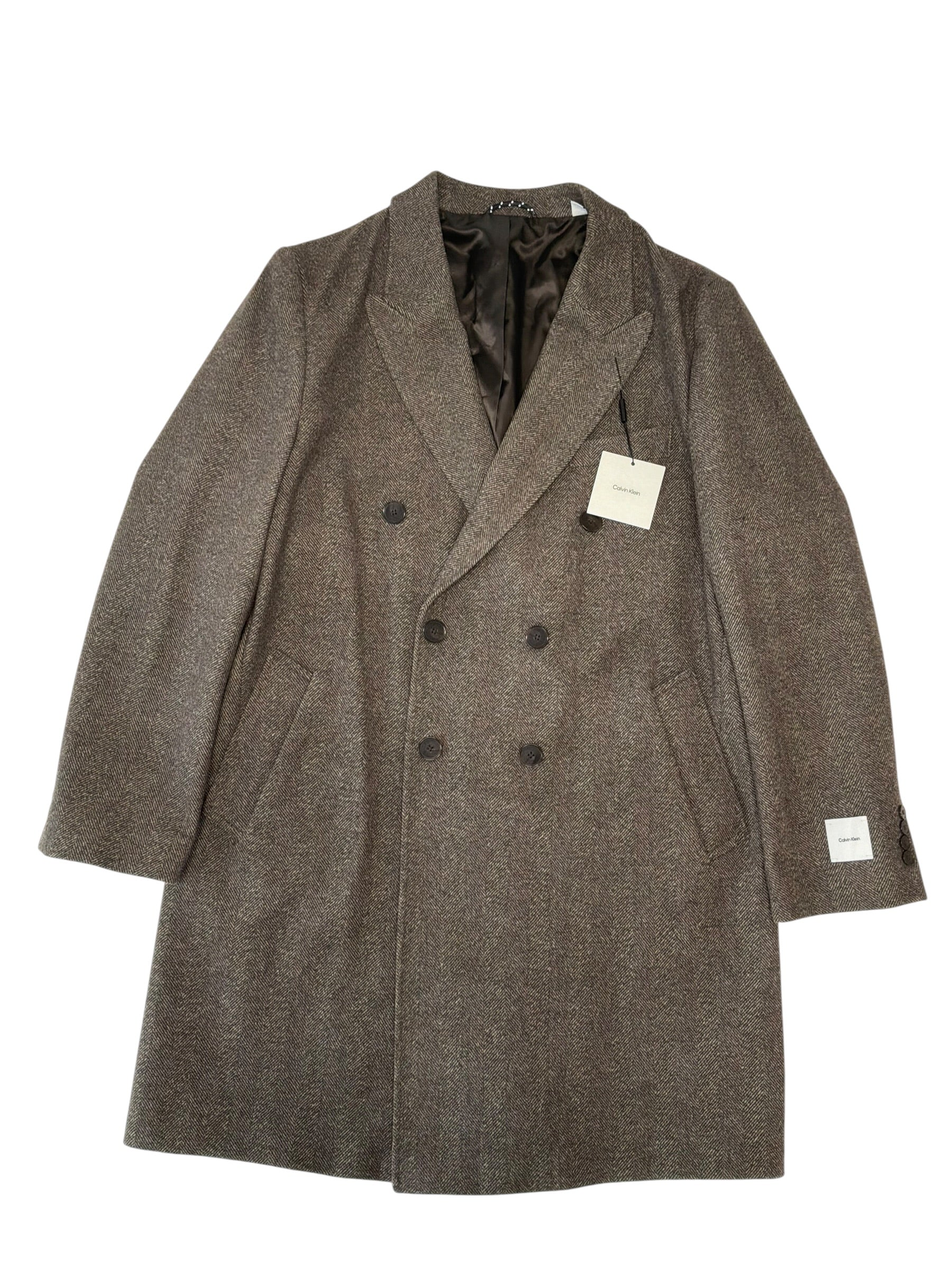 Calvin Klein Mens Modern fit Wool Overcoat Coat 44 R Brown Herringbone