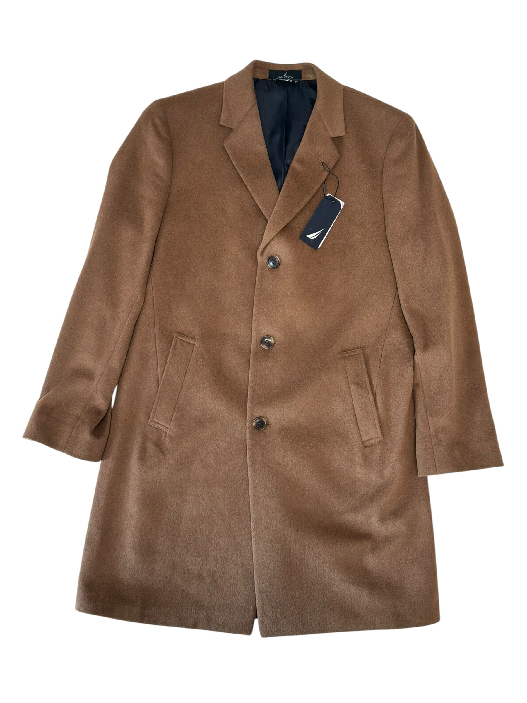 Nautica Mens Modern fit Wool Overcoat Coat 42 L Brown Solid
