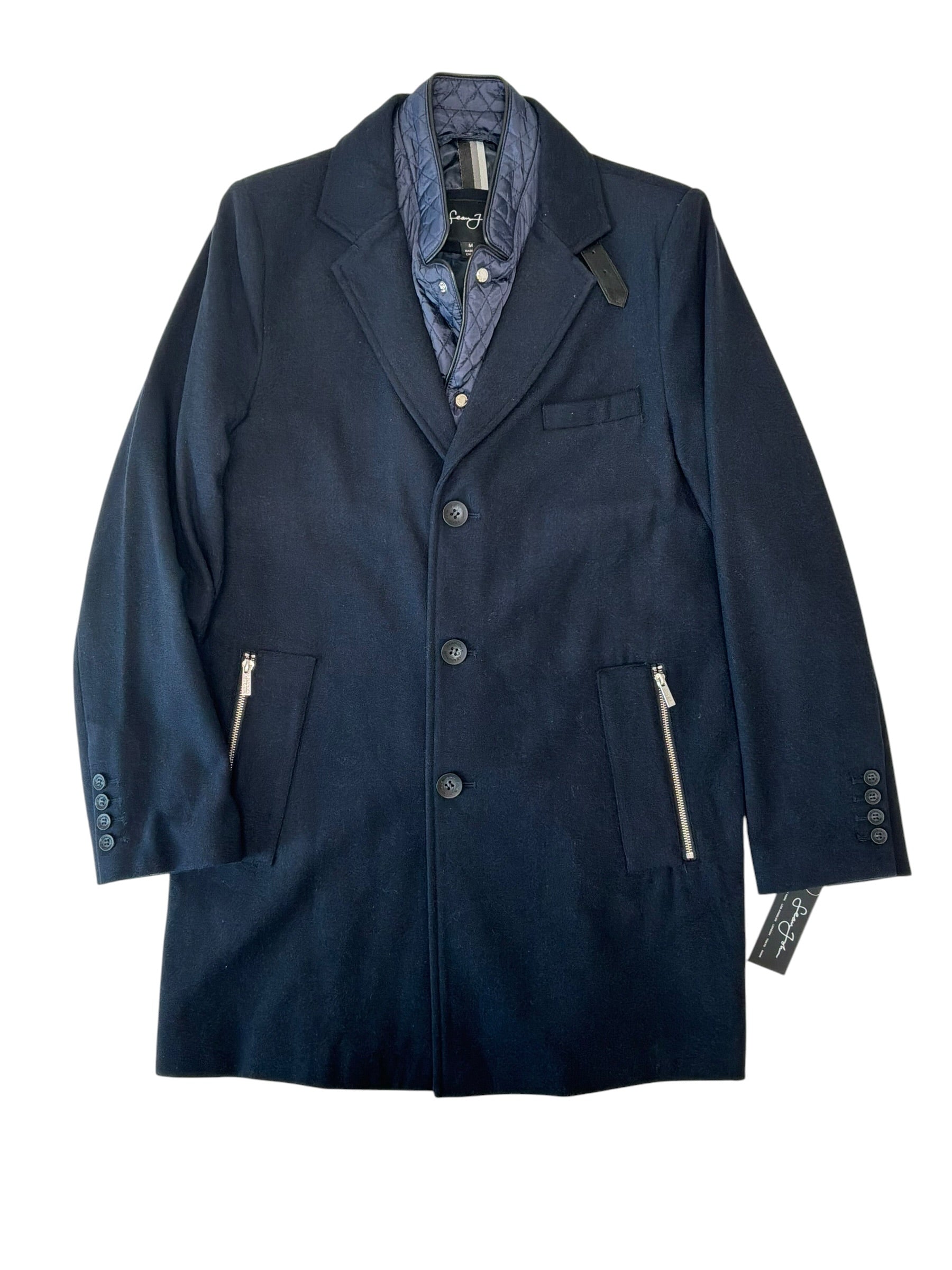 Sean John Mens Regular fit Wool Overcoat Coat Medium Blue Solid