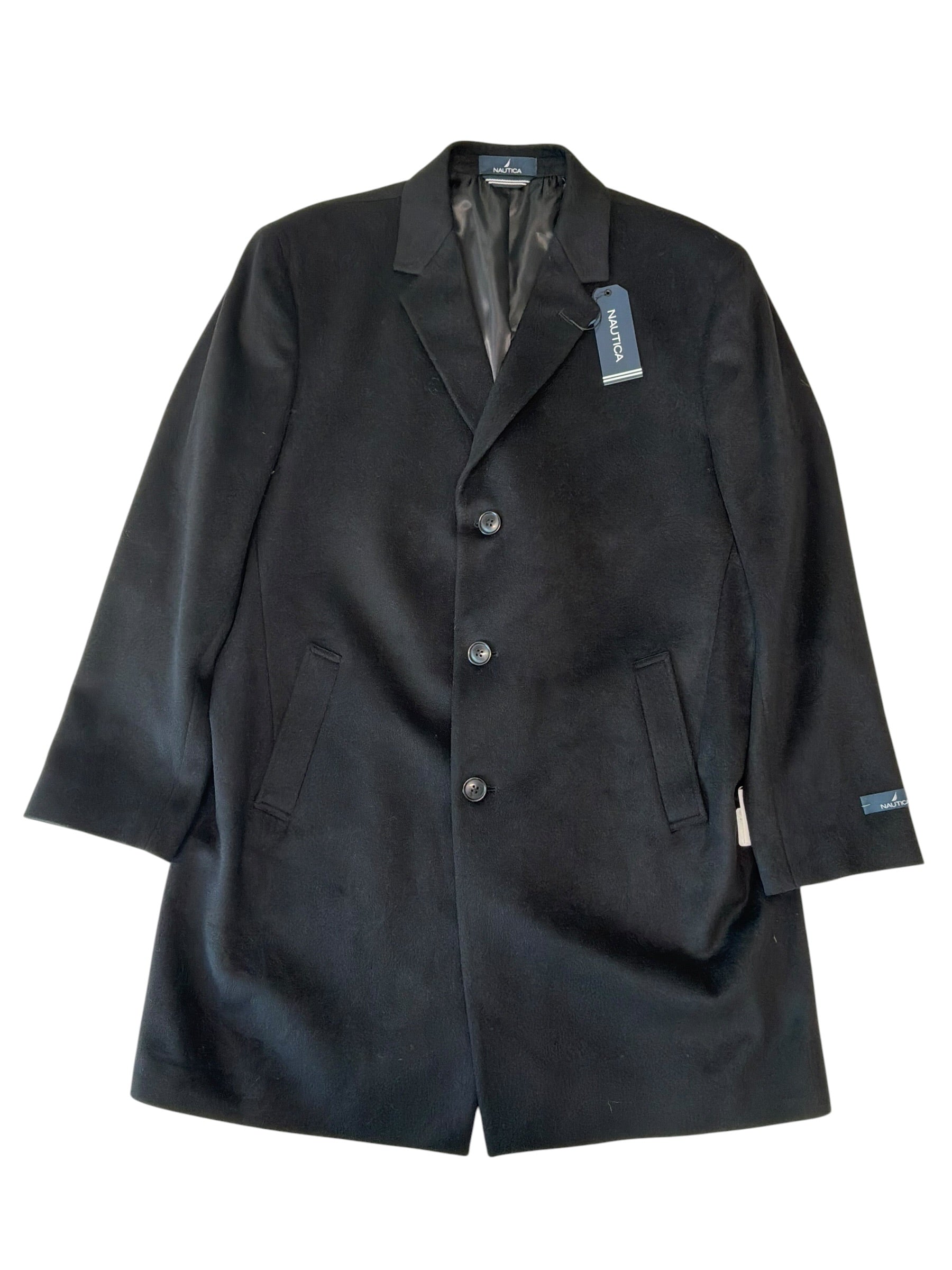 Nautica Mens Modern fit Wool Overcoat Coat 46 R Black Solid
