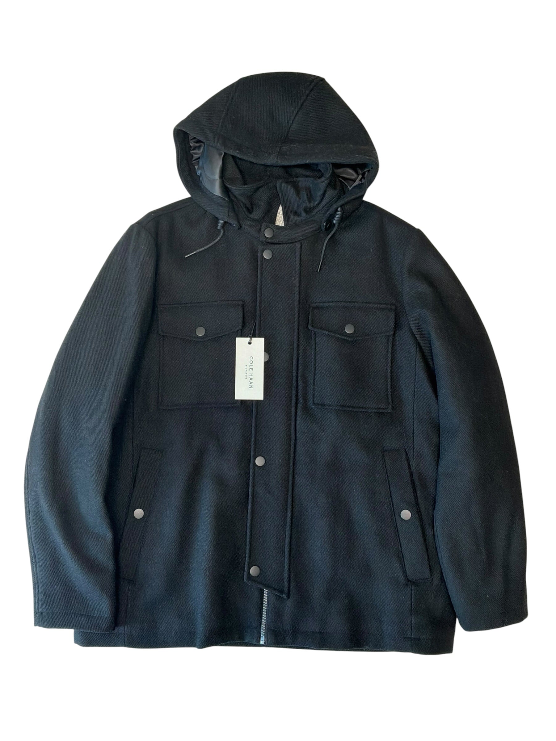 Cole Haan Mens Regular fit Wool Hooded Coat XL Black Solid