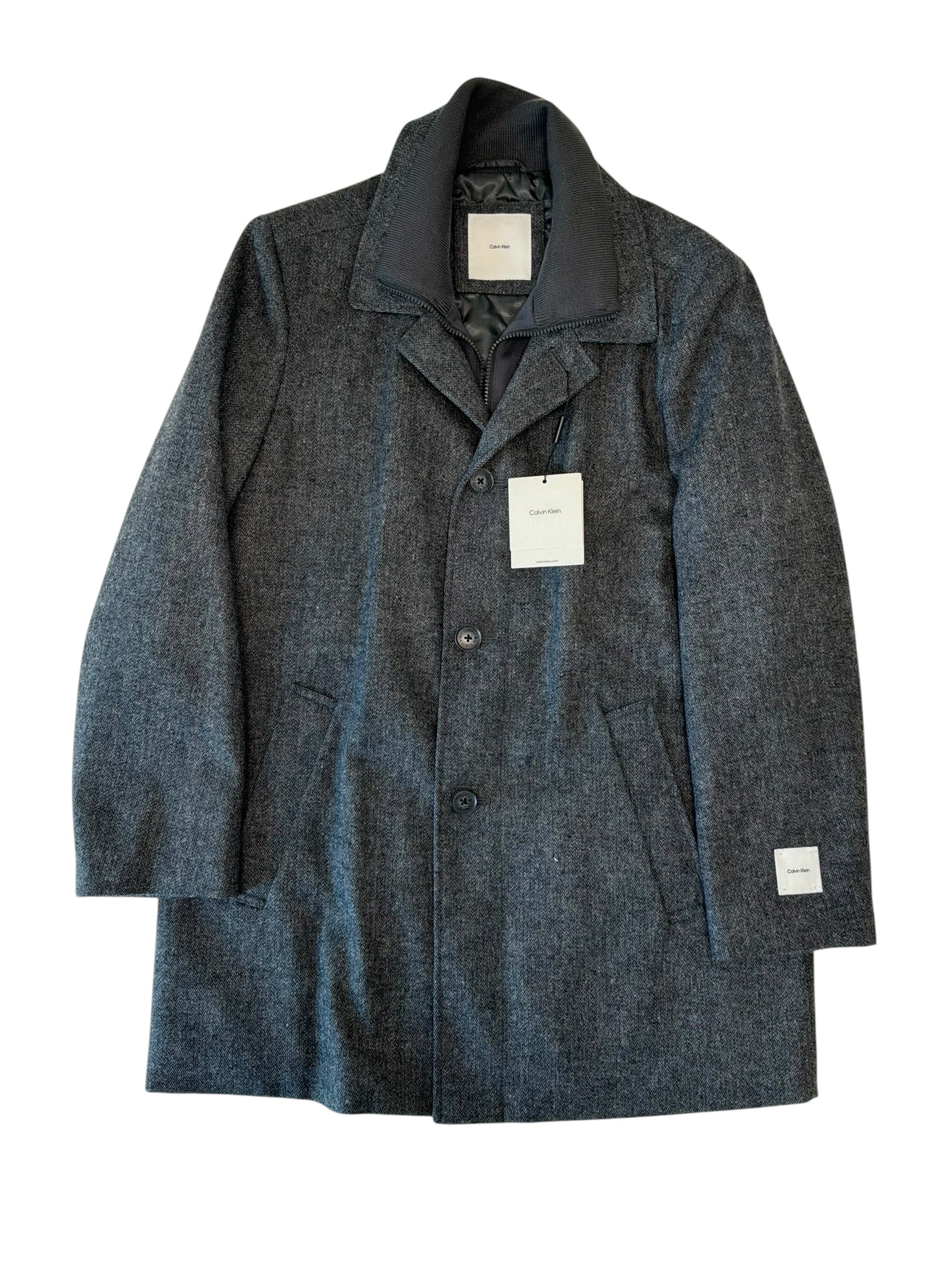 Calvin Klein Mens Slim fit Overcoat Coat 40 R Grey Herringbone