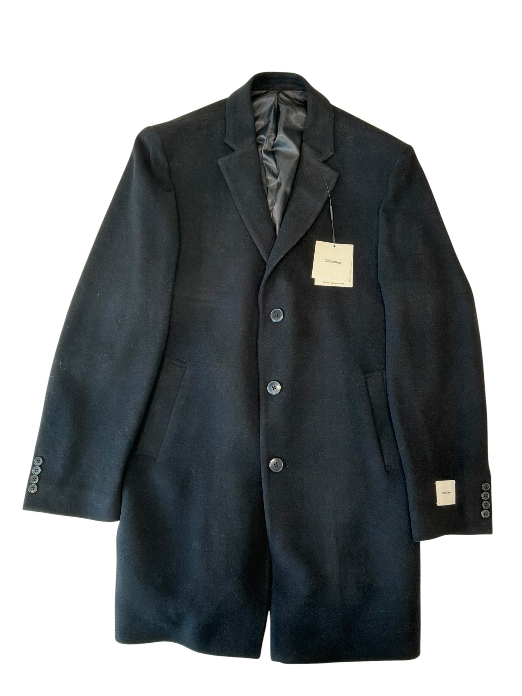 Calvin Klein Mens Slim fit Wool Overcoat Coat 44 R Black Solid