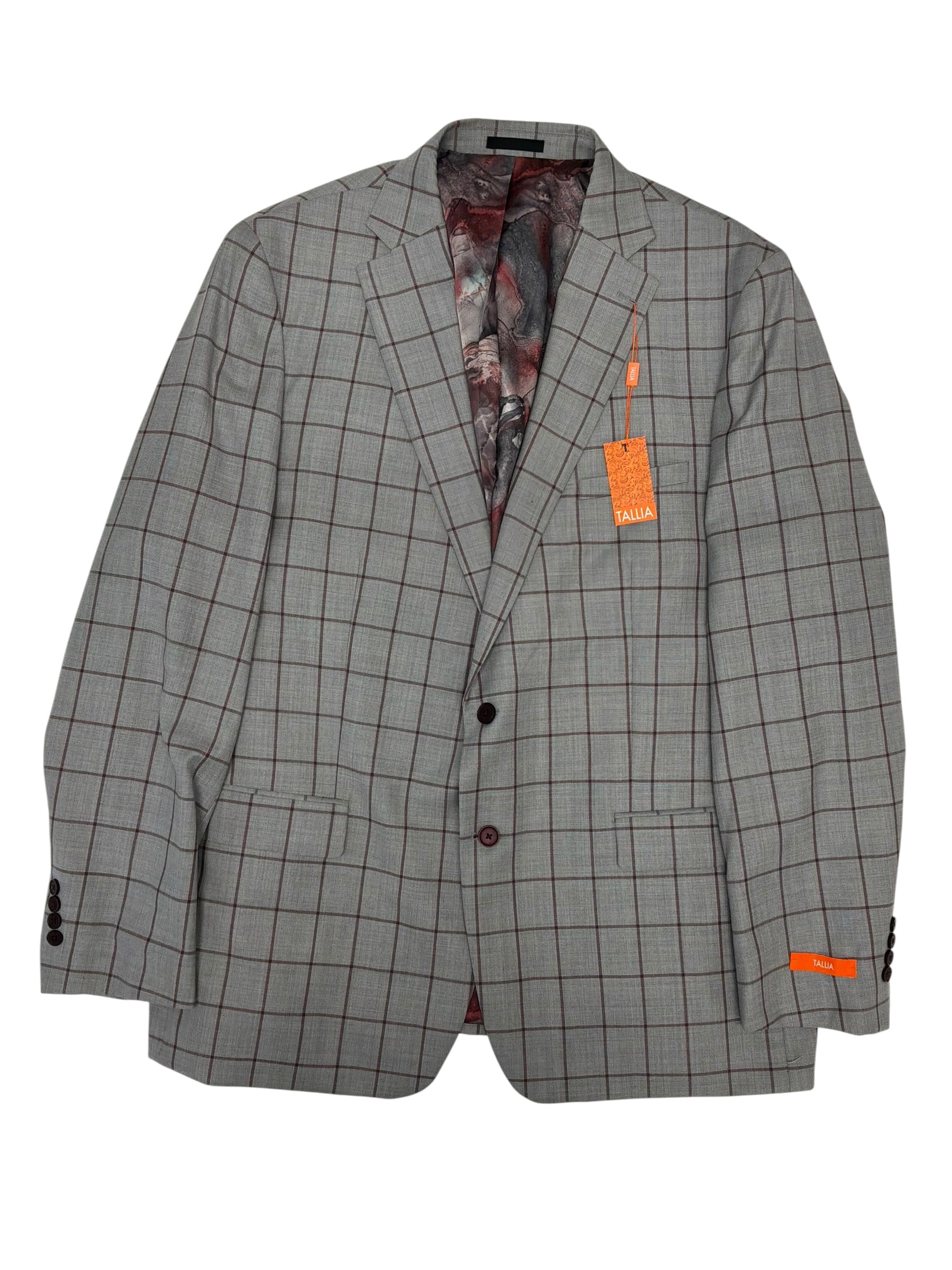 Tallia Mens Classic fit Suit Jacket Blazer 52 XL Grey / Red Windowpane