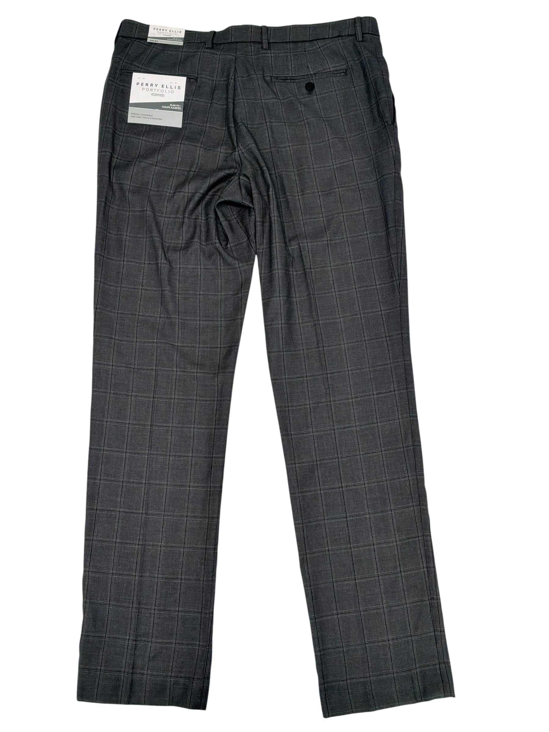 Perry Ellis Mens Slim fit Dress Pants 36 / 34 Charcoal Grey Plaid