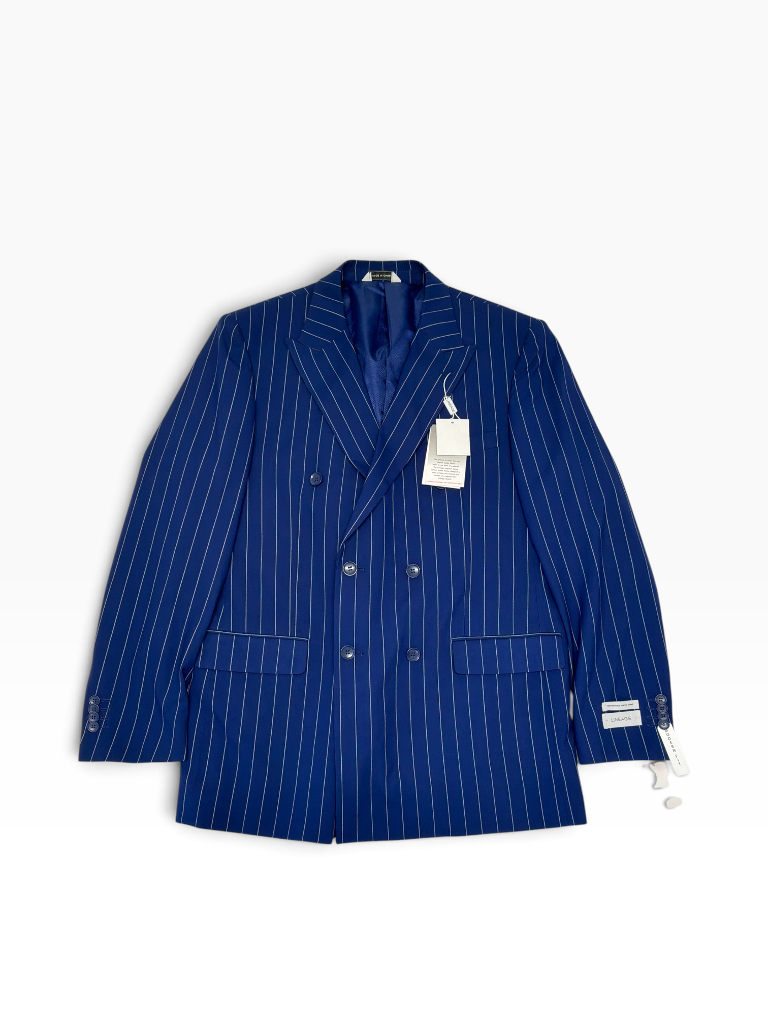 Lineage Mens Regular fit Double Breasted 2 Piece Suit 44 L Pants 38 Blue Striped
