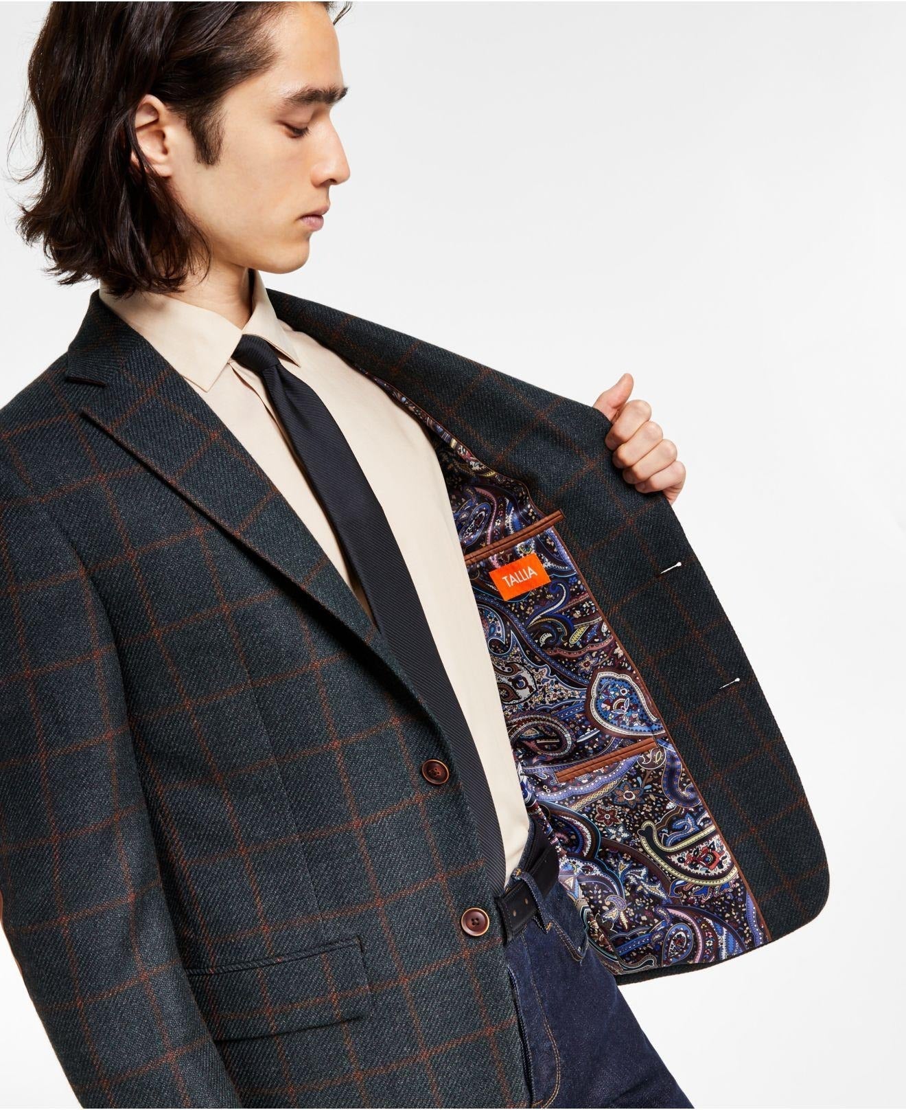 TALLIA Men's Slim-Fit Hunter Green Chestnut Windowpane Check Sport Coat 44L