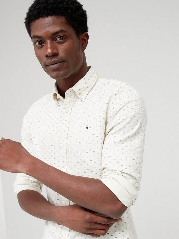 Tommy Hilfiger Men's Slim Fit Twill Button Down Shirt Ecru Blue Large