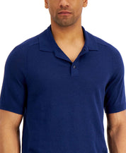 Tasso Elba Mens Sweater Knit Linen Polo Shirt Navy Blue Combo Small