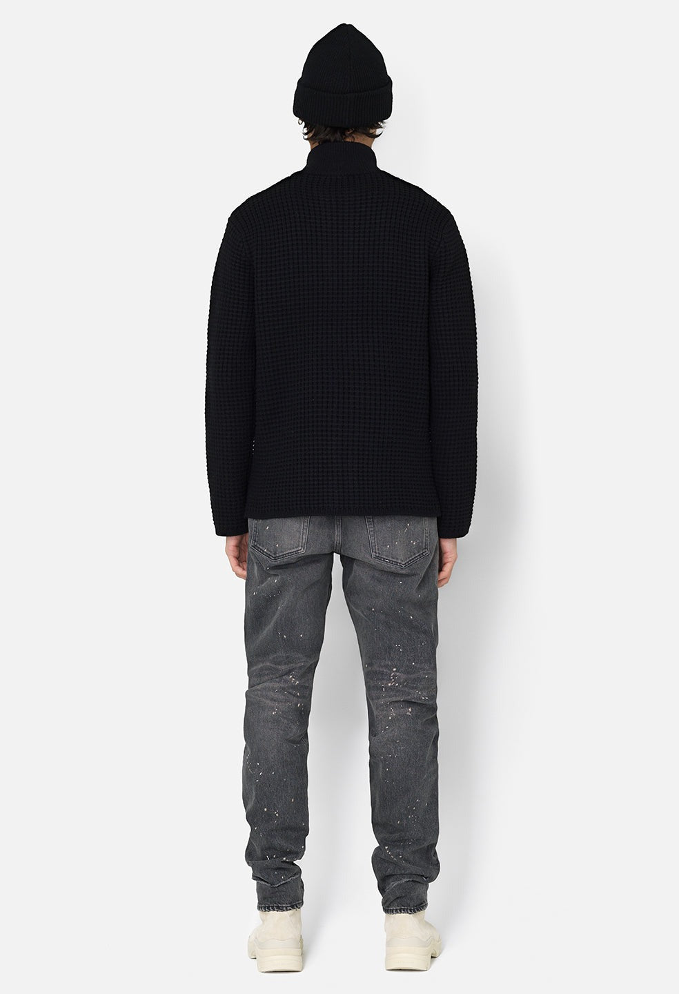 John Elliott Mens Slim fit Long Sleeve Waffle Knit Full Zip Sweater Black Large
