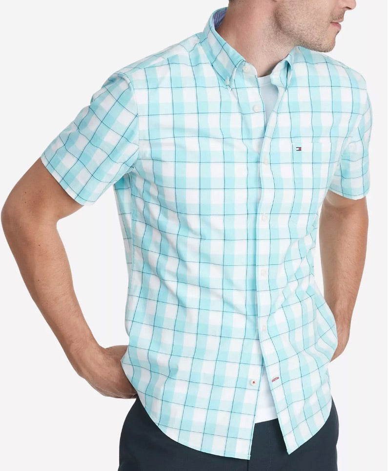 TOMMY HILFIGER Mens Big & Tall Cody Check Classic Fit Short Sleeve Shirt Blue 3XL