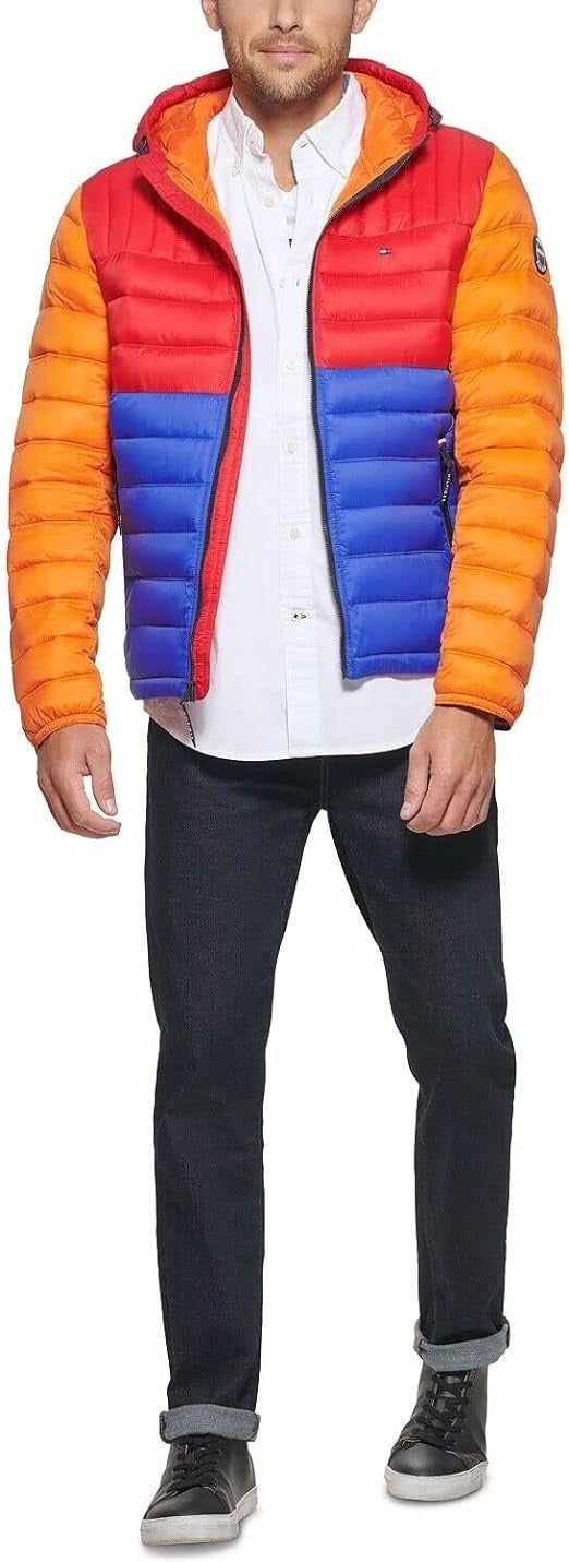 Tommy Hilfiger Men's Quilted Color Blocked Hooded Puffer Jacket Large Multicolor