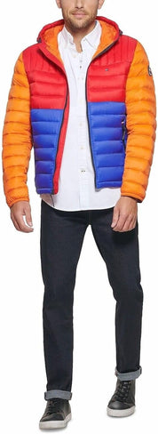 Tommy Hilfiger Men's Quilted Color Blocked Hooded Puffer Jacket Large Multicolor