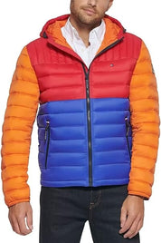 Tommy Hilfiger Men's Quilted Color Blocked Hooded Puffer Jacket Large Multicolor