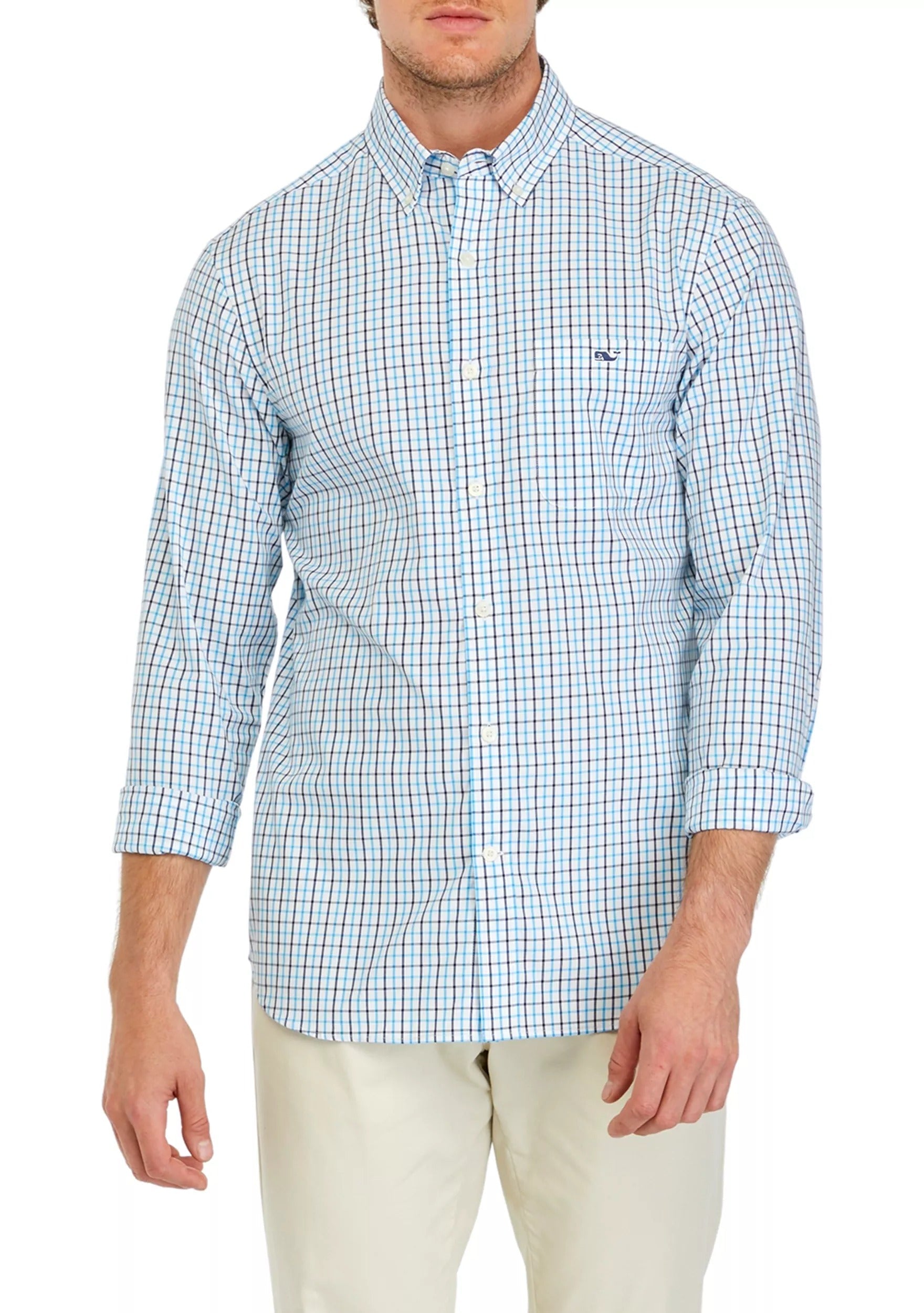 Vineyard Vines Mens Poplin Tattersall Regular Fit Button Down Shirt Blue XXL